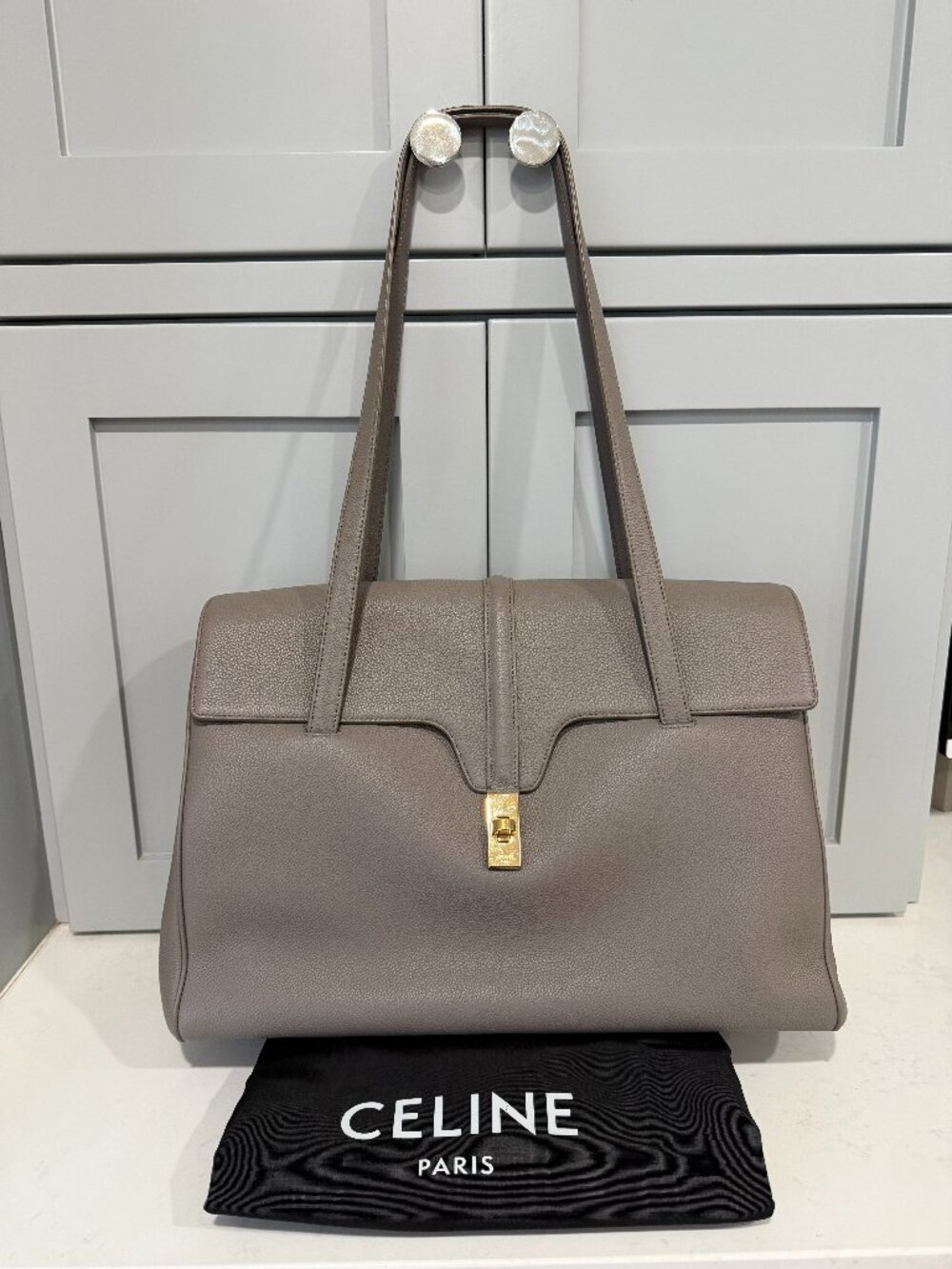 CELINE Soft 16 Large Bag in Gray Grained Calfskin